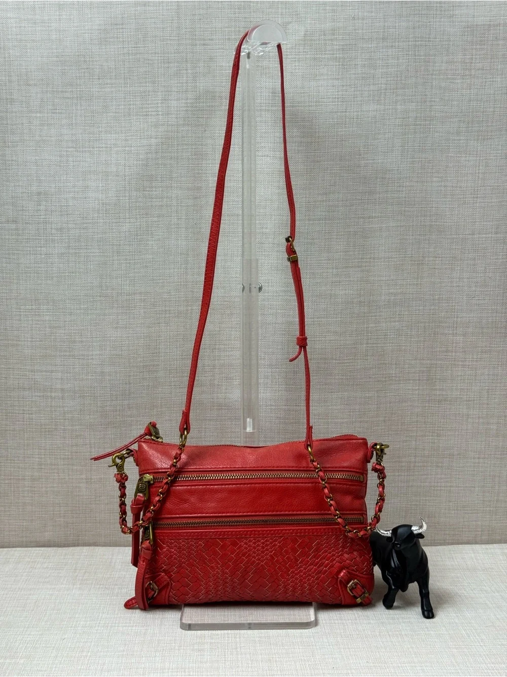 Red Woven Leather Crossbody Bag with Chain-Trim Strap